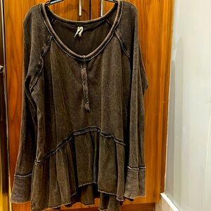 Free People Waffle Gorgeous Long Sleeved Top in Distressed Black